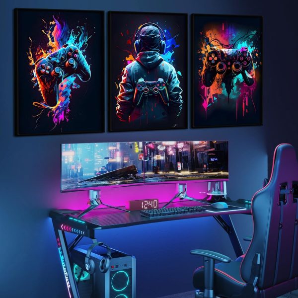 3pcs Cool Gaming Wall Art Retro Video Game Sticky Phototiles Wall Frames