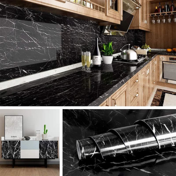 Self-adhesive Kitchen Black Marble Sheet- Waterproof Heat Resistant Sheet For Living Room, Bathroom, Kitchen Countertops Black Sheet – Size 60x200